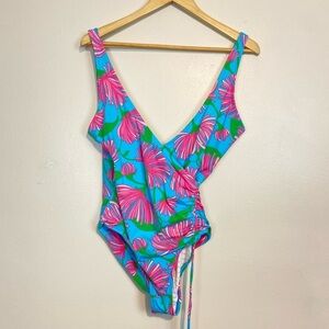 Lilly Pulitzer One-Piece Swimsuit Tropical Print Wrap V-Neck Adjustable Side